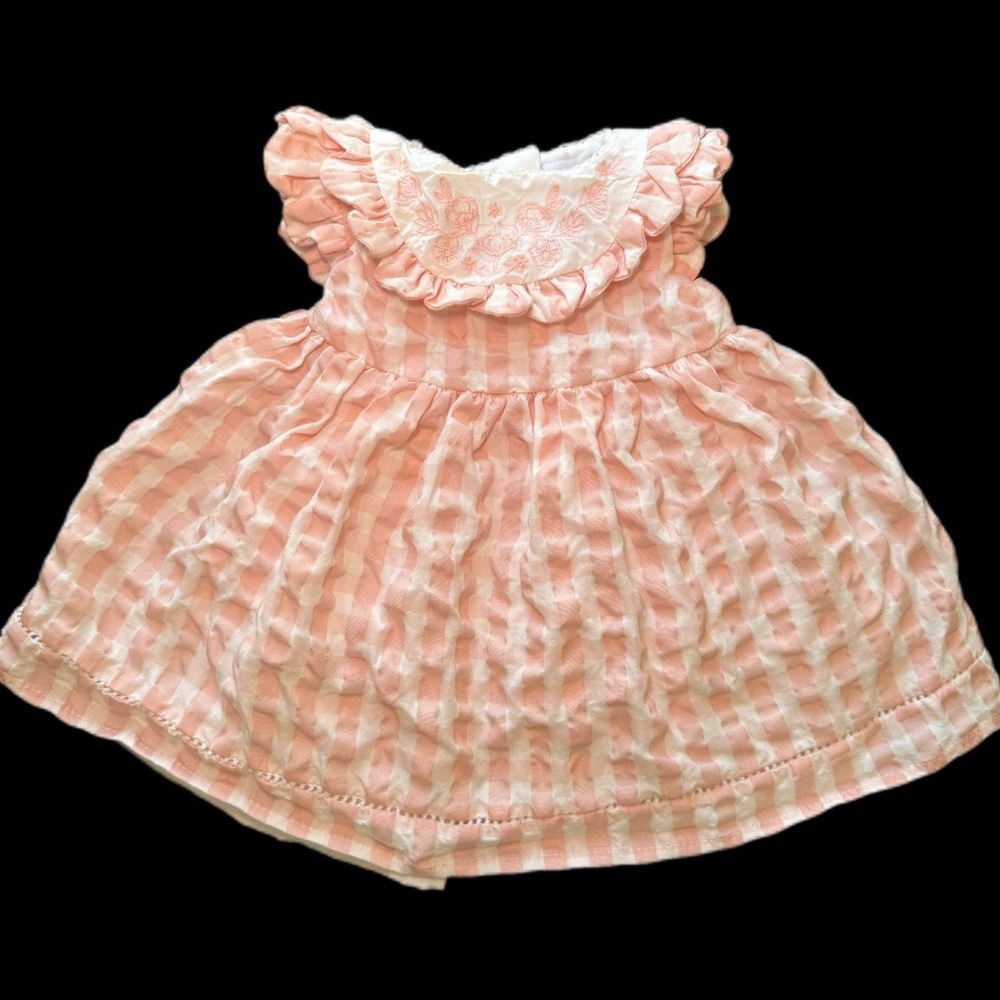 Tahari Baby Girl Dress Pink Gingham Ruffle Collar Embroidered 3-6 Months
